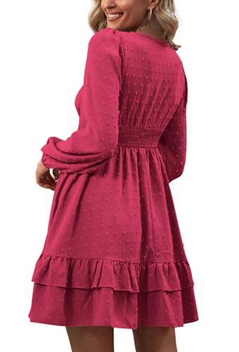 Rooscier Women's Wrap V Neck Swing Ruffle Swiss Dots Long Sleeve Mini Dress - color: Rose, size: X-Small