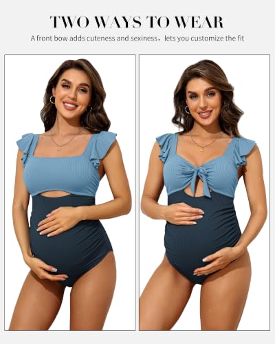 Charmo Ruffle Maternity Bathing Suits Ribbed Tie Knot Pregnancy Swimsuit - color: Blue Splicing, size: Large