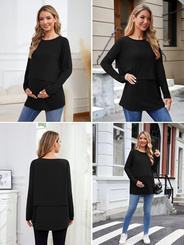Ecavus Women's 3Pack Maternity Nursing Shirts Long Sleeve Double Layer Breastfeeding Shirts Comfy Pregnancy Clothes - color: Pink+caramel+black, size: Medium