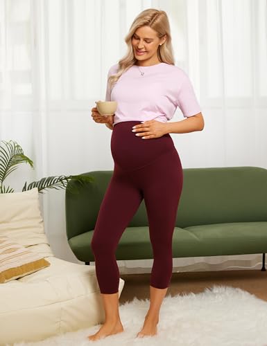 CRZ YOGA Maternity Capris Leggings 21" - color: Red Merlot, size: Large