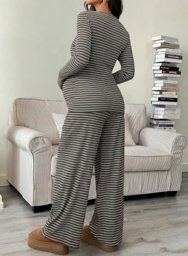BLENCOT Maternity 2 Piece Outfits Striped Long Sleeve Pregnancy Set - color: Gray, size: Medium