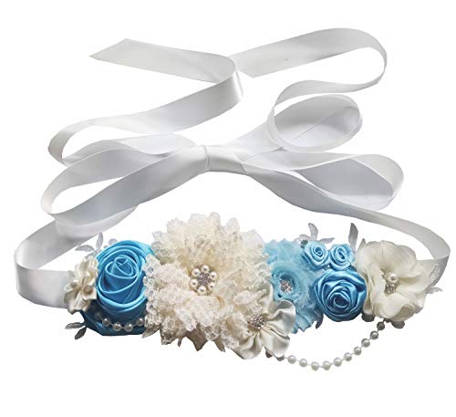 Pearls flowers maternity belt for baby shower pregnancy sash - color: Blue