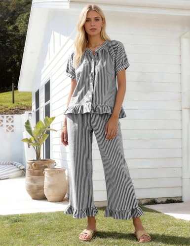 Flygo Womens Striped Pajama Sets Cotton 2 Piece Ruffle Lounge Pjs - color: Black, size: Small