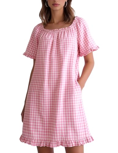 Flygo Womens Gingham Nightgown Cotton Pullover House Dress with Pockets - color: Pink, size: Large