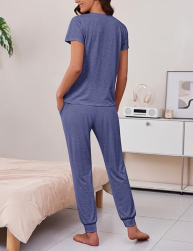 Ekouaer 2 Pack Womens Pajama Short Sleeve Jogger Pants Pjs Lounge Set - color: Black and Navy Bule, size: Medium