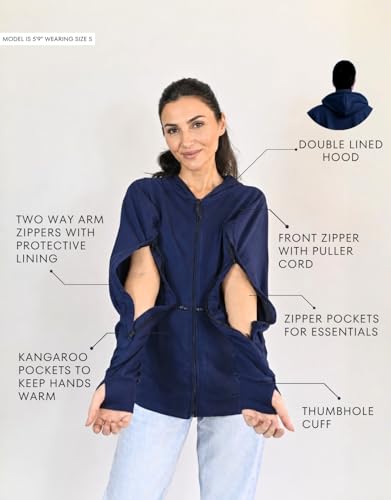 Inspired Comforts Unisex Dialysis & IV Access Hoodie – Dual Arm Zippers, Thumbhole Sleeves & Pockets - color: Navy, size: Small
