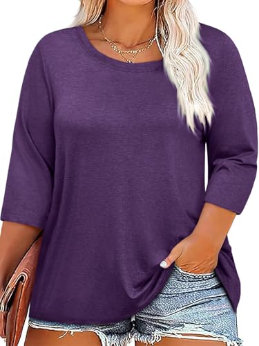 ZDC Womens Plus Size Shirts 3/4 Sleeve Tops Casual Crew Neck Blouse - color: Purple, size: 4X-Large