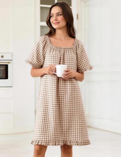 Flygo Womens Gingham Nightgown Cotton Pullover House Dress with Pockets - color: Brown, size: Small