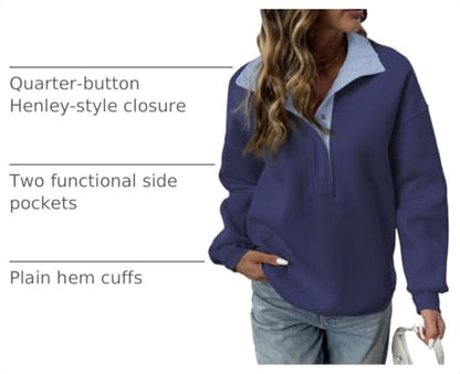 BLENCOT Women Mock Neck Sweatshirt Oversized Long Sleeve Henley Shirts - color: Dirty Blue, size: XX-Large