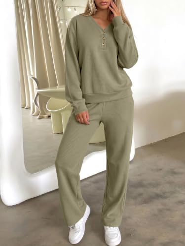 ANRABESS Womens Lounge Sets Waffle Fall 2 Piece Travel Outfits - color: Green, size: Medium