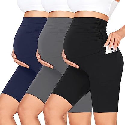 GROTEEN 3 Pack Women's Maternity Shorts with Pockets Over the Belly - color: Black/Navy Blue/Dark Gray, size: Medium