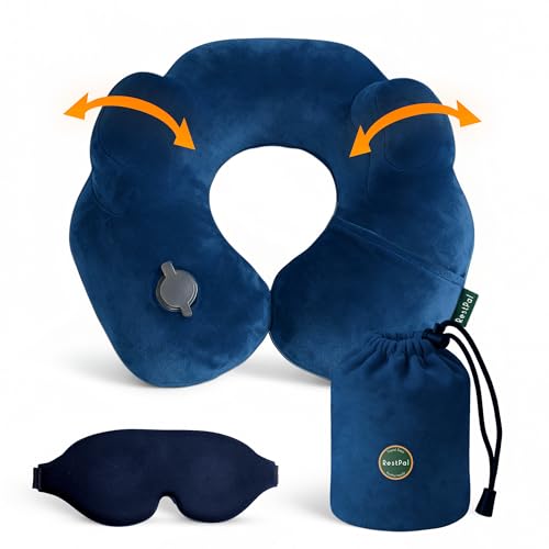 Inflatable Travel Neck Pillow with Adjustable Memory Foam Sides | Lightweight, Soft & Portable Support (Navy Blue, Standard) - color: Navy Blue