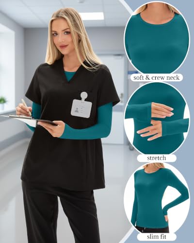 4 Pack Womens Crew Neck Long Sleeve Underscrub Shirts - color: Black, Light Gray, White, Turquoise, size: XX-Large