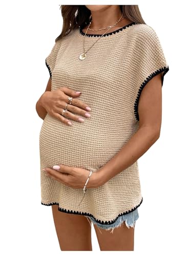 MakeMeChic Women's Maternity Work Knit Tops Nursing Short Sleeve Tees - color: Khaki, size: Small