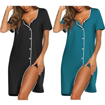 Ekouaer Nightgowns for Women 2 Pack Night Gowns Button Down Sleep Shirts - color: Black/Blue Green, size: Medium