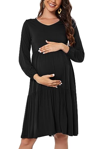 Smallshow Women's Maternity Dress Ruffle Long Sleeve Pregnancy Clothes - color: Black, size: Large