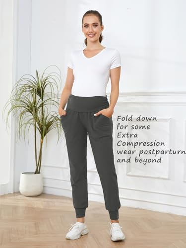 PARNIXS Maternity Two-Piece Set Basic Stretch Design with Pockets Soft Leggings for Active Moms Yoga Pants - Year-Round Wear - color: Black+gray, size: Medium