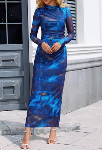 MEROKEETY Womens Fall Long Sleeve Floral Wedding Guest Maxi Dress - color: Blue, size: Small
