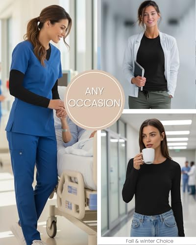 Oakgarden 5 Pcs Womens Long Sleeve Underscrub Shirt Crew Neck - color: Black, size: Large