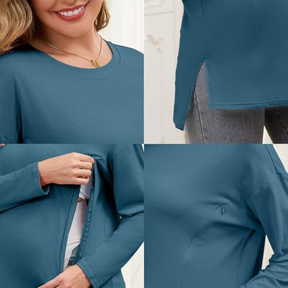Women's Nursing Shirts Long Sleeve with Hidden Zipper Oversized Breastfeeding Tops Side Split Maternity Blouse - color: Charcoal Gray, size: X-Large