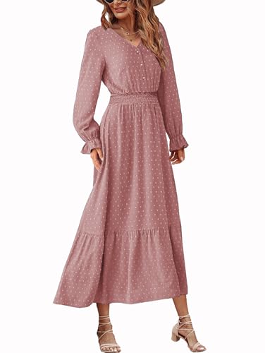 CzzzyL Women Nursing Boho Maxi Dress Swiss Dot Smocked with Pockets - color: S-pink, size: Medium