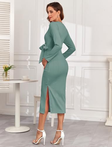 2025 Fall Rib Knit Maternity Nursing Dress Knot Side Long Sleeve V Neck Bodycon Wrap Pregnancy Split Dresses - color: Ice Green, size: Medium