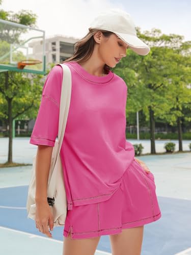 EXLURA Womens Short Sets 2 Piece Outfits Summer 100% Cotton Matching Set - color: Hot Pink, size: X-Small