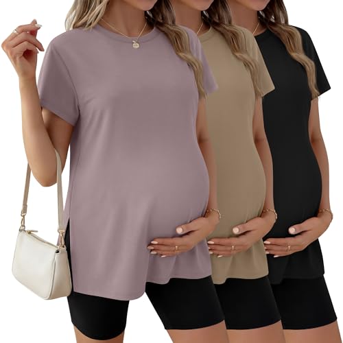 Ficerd 3 Pack Women's Maternity T Shirts - color: Black, Khaki, Gray Purple, size: X-Large