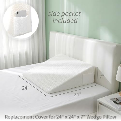 Wedge Pillow Cover for 24x24x7 Bed Wedge Pillow, Hypoallergenic Replacement Case with Zipper & Pockets - color: White