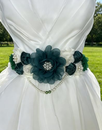Handmade Baby Shower Sash Pearls Maternity Sash Flower Belt - color: Hunter