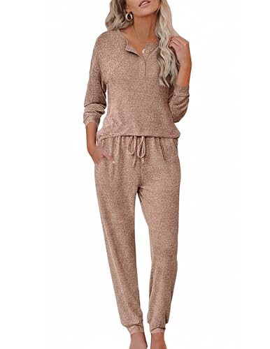 Ekouaer Womens Pajama Sets Long Sleeve Henley Neck Pj Sets Loungewear 2pcs - color: Brown, size: Small