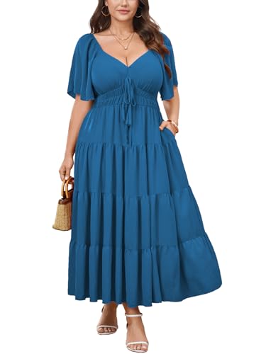 Plus Size Casual Summer Boho Maxi Long Dresses for Curvy Women - color: Lake Blue, size: 4X-Large Plus