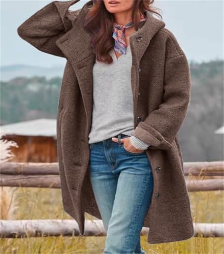 chouyatou Women's Winter Single Breasted Long Wool Coat with Hood Casual Wool Blend Trench Coat Jacket - color: Coffee, size: Small