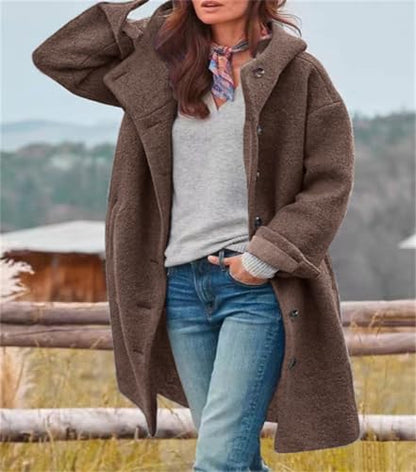 chouyatou Women's Winter Single Breasted Long Wool Coat with Hood Casual Wool Blend Trench Coat Jacket - color: Coffee, size: Small