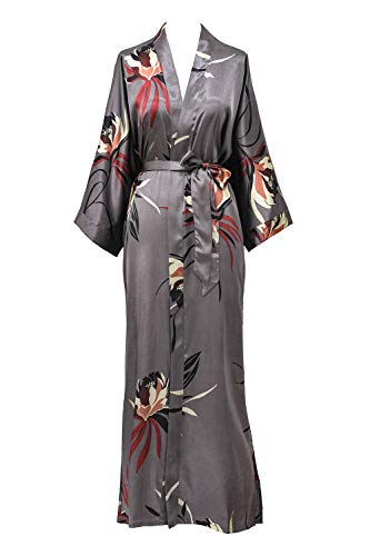 OLDSHANGHAI Satin Long Kimono Robe for Women - color: Hana - Gunmetal
