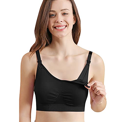4HOW Pumping Bra Hands Free Nursing Pumping Bra All in One Wireless Padded Maternity Bralette for Large Bust - color: Black, size: Large