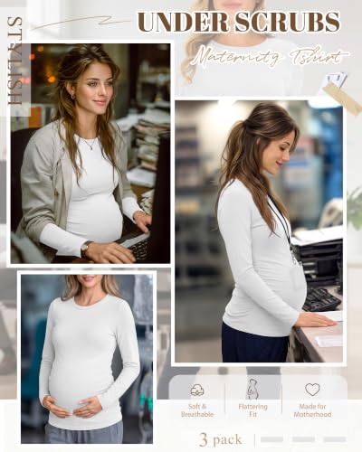 Neer 3 Pack Maternity Under Scrub T Shirt Long Sleeve Undershirt - color: White, size: Medium