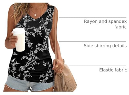 Anydoll Womens Tank Tops Summer V Neck Sleeveleeve Shirts Casual Ruched Tunics - color: Black, size: Large
