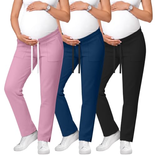 3 Pack Comfy Women's Maternity Scrub Pants - color: Pink, Blue, Black, size: Small