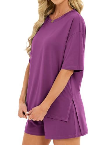 Women's 2 Piece Short Sets Loose Lounge Sets Summer Matching Sets - color: Purple, size: Small