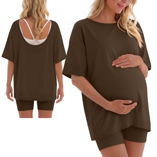 2 Piece Women Maternity Set Pregnancy Outfit - color: Brown, size: Small