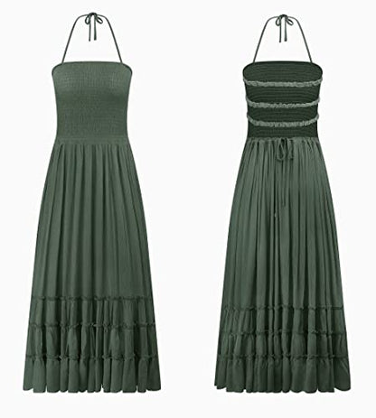 R.Vivimos Womens Summer Boho Sexy Backless Long Dresses - color: Army Green, size: Small
