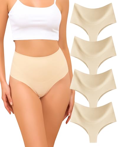 LEVAO 4-Pack Women Tummy Control Thong High Waist Seamless Underwear S-XXL - color: Nude*4, size: Small