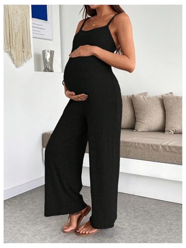 MakeMeChic Women's Maternity Cami Jumpsuit Ribbed Pregnancy Overalls Romper - color: Black, size: Small