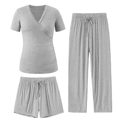PATPAT 3-Piece Maternity Nursing Pajamas, Womens Lounge Set with Pockets - color: Heather Gray, size: Medium