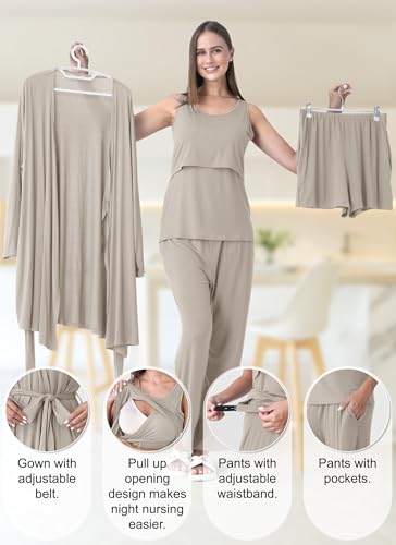 Rnxrbb 4PCS Year-Round Nursing Pajamas Robe Set Postpartum Breastfeeding Pj - color: Beige, size: Medium