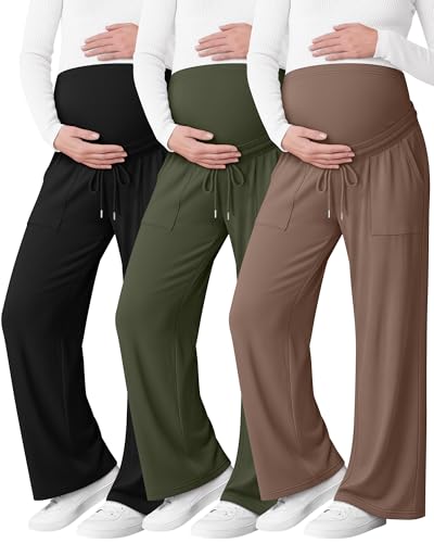 3 Pack Women's Maternity Casual Pants - color: Coffee, Army Green, Black, size: Small