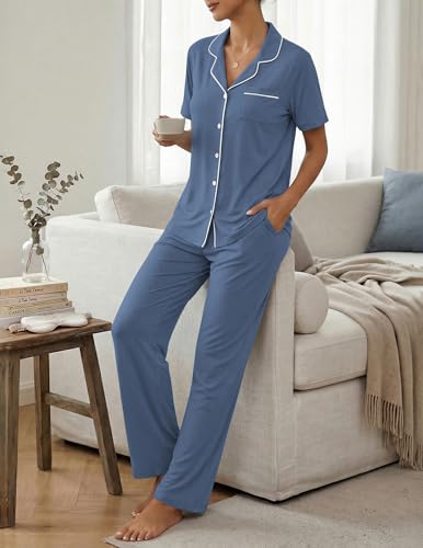 Womens Pajamas Sets 2 Piece Button Up Pj Sets Short Sleeve with Long Pant - color: Denim Blue, size: Medium