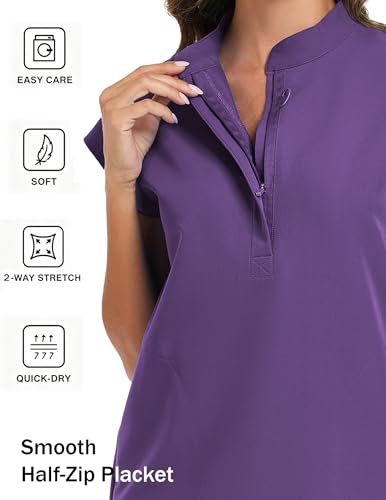 VECARDI Womens Scrub Top Zip Front Dolman Sleeves with Pockets - color: Dark Purple, size: Large