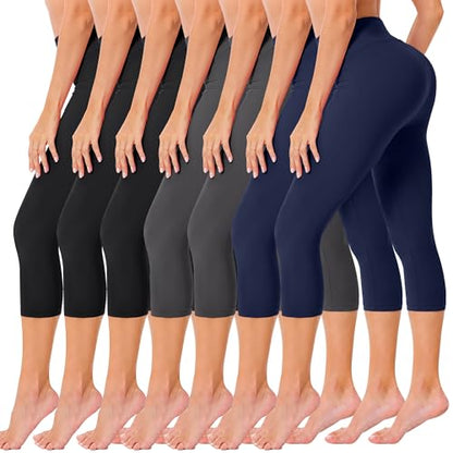 VALANDY Creamlush High Waisted Leggings for Women Full Length & Capri - color: Capris - Black*3/Dark Grey*2/Navy Blue*2, size: Medium-Large